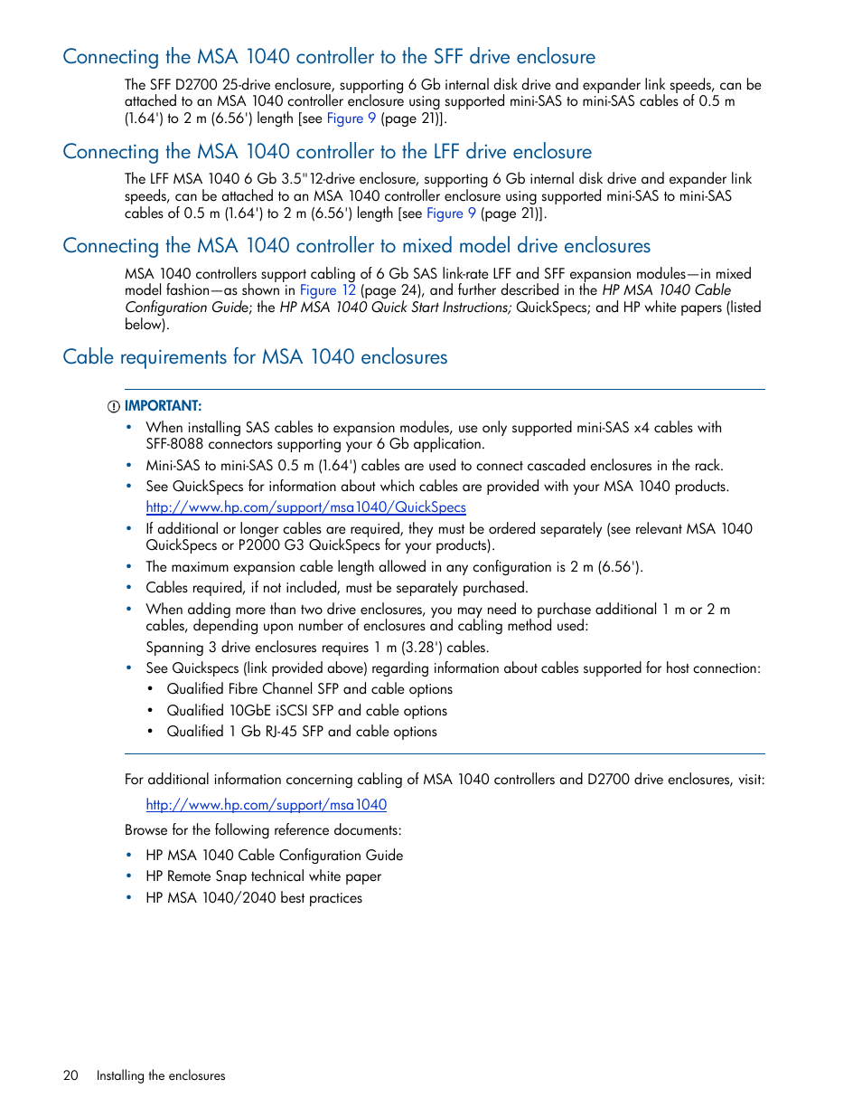 Cable requirements for msa 1040 enclosures | HP MSA 1040 SAN Storage User Manual | Page 20 / 84
