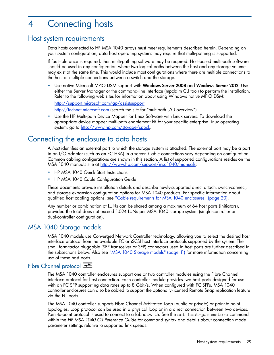 Connecting hosts, Host system requirements, Connecting the enclosure to data hosts | Msa 1040 storage models, Fibre channel protocol, 4 connecting hosts, 4connecting hosts | HP MSA 1040 SAN Storage User Manual | Page 29 / 84