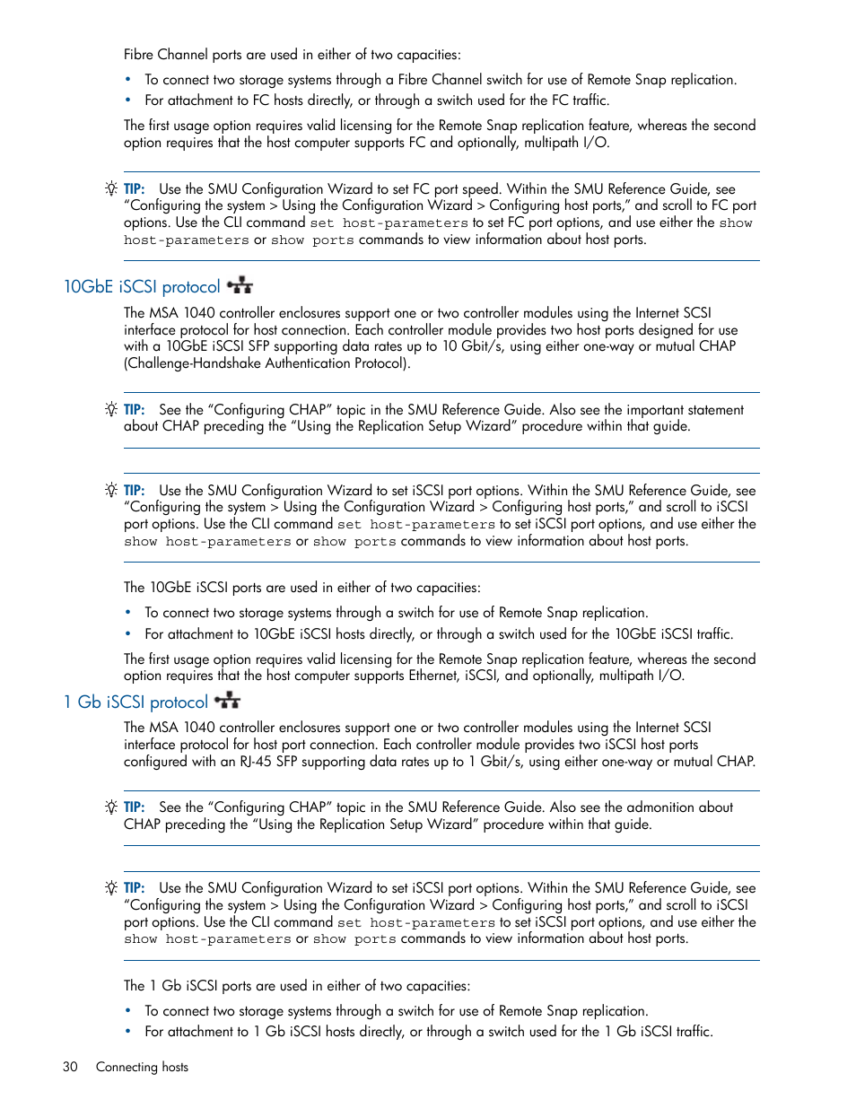 10gbe iscsi protocol, 1 gb iscsi protocol | HP MSA 1040 SAN Storage User Manual | Page 30 / 84