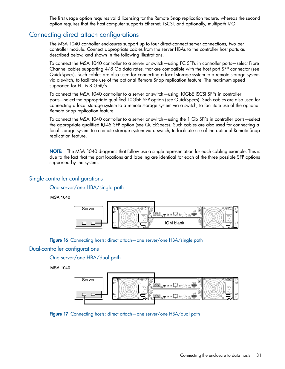 Connecting direct attach configurations, Single-controller configurations, Dual-controller configurations | One server/one hba/single path, One server/one hba/dual path | HP MSA 1040 SAN Storage User Manual | Page 31 / 84