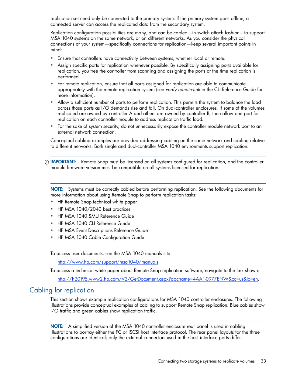 Cabling for replication | HP MSA 1040 SAN Storage User Manual | Page 33 / 84