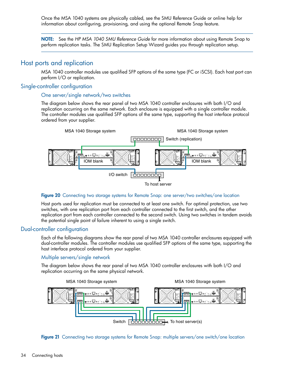 Host ports and replication, Single-controller configuration, Dual-controller configuration | One server/single network/two switches, Multiple servers/single network | HP MSA 1040 SAN Storage User Manual | Page 34 / 84