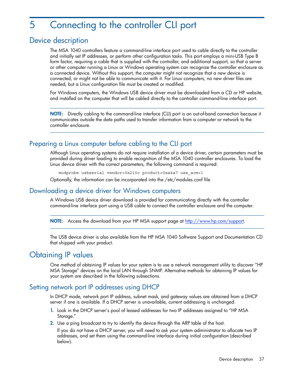 Connecting to the controller cli port, Device description, Downloading a device driver for windows computers | Obtaining ip values, Setting network port ip addresses using dhcp, 5 connecting to the controller cli port, 5connecting to the controller cli port | HP MSA 1040 SAN Storage User Manual | Page 37 / 84