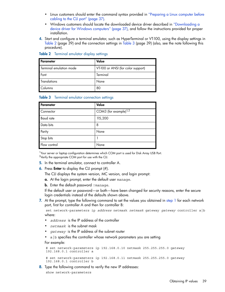 2 terminal emulator display settings, 3 terminal emulator connection settings | HP MSA 1040 SAN Storage User Manual | Page 39 / 84