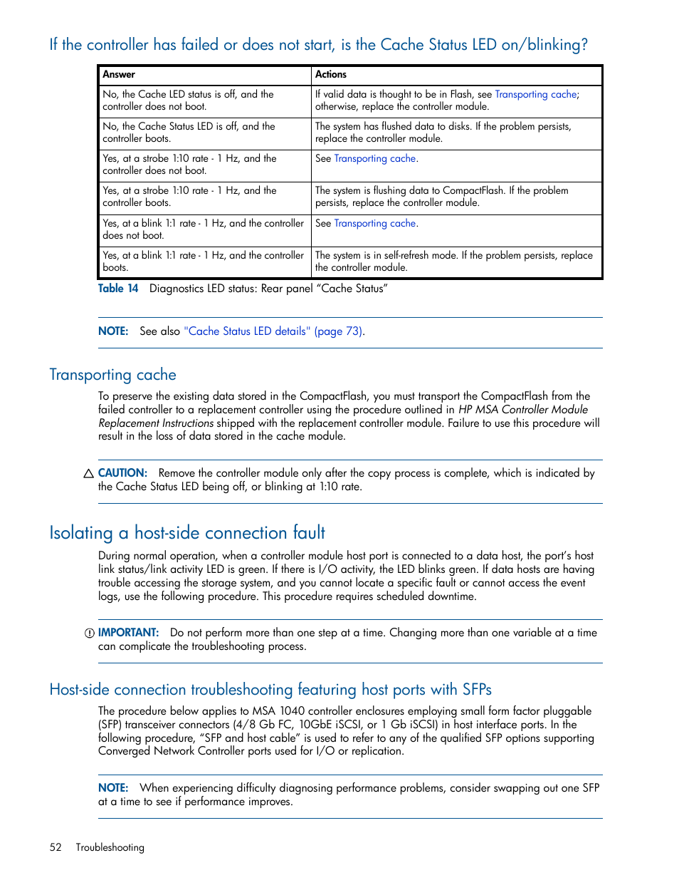 Transporting cache, Isolating a host-side connection fault | HP MSA 1040 SAN Storage User Manual | Page 52 / 84