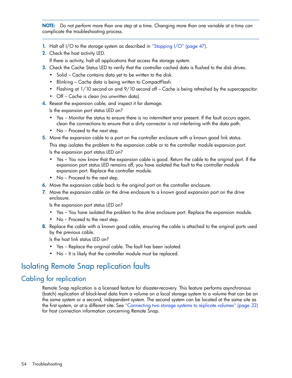 Isolating remote snap replication faults, Cabling for replication, Isolating remote snap | HP MSA 1040 SAN Storage User Manual | Page 54 / 84