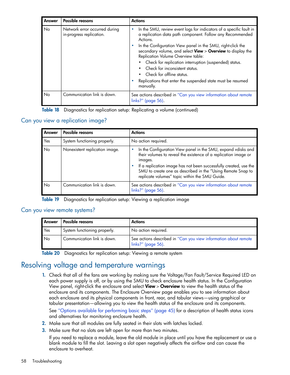 Can you view a replication image, Can you view remote systems, Resolving voltage and temperature warnings | HP MSA 1040 SAN Storage User Manual | Page 58 / 84