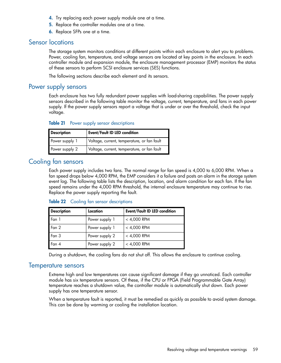 Sensor locations, Power supply sensors, Cooling fan sensors | Temperature sensors, 21 power supply sensor descriptions, 22 cooling fan sensor descriptions | HP MSA 1040 SAN Storage User Manual | Page 59 / 84