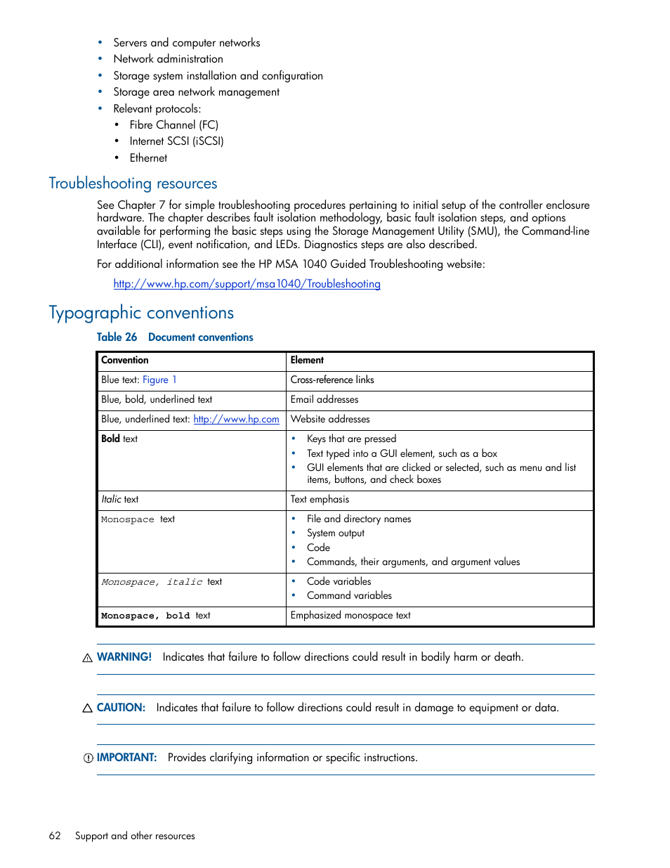 Troubleshooting resources, Typographic conventions, 26 document conventions | HP MSA 1040 SAN Storage User Manual | Page 62 / 84