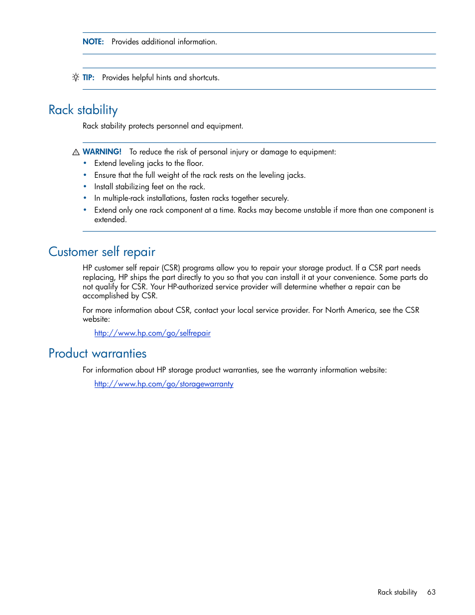 Rack stability, Customer self repair, Product warranties | HP MSA 1040 SAN Storage User Manual | Page 63 / 84