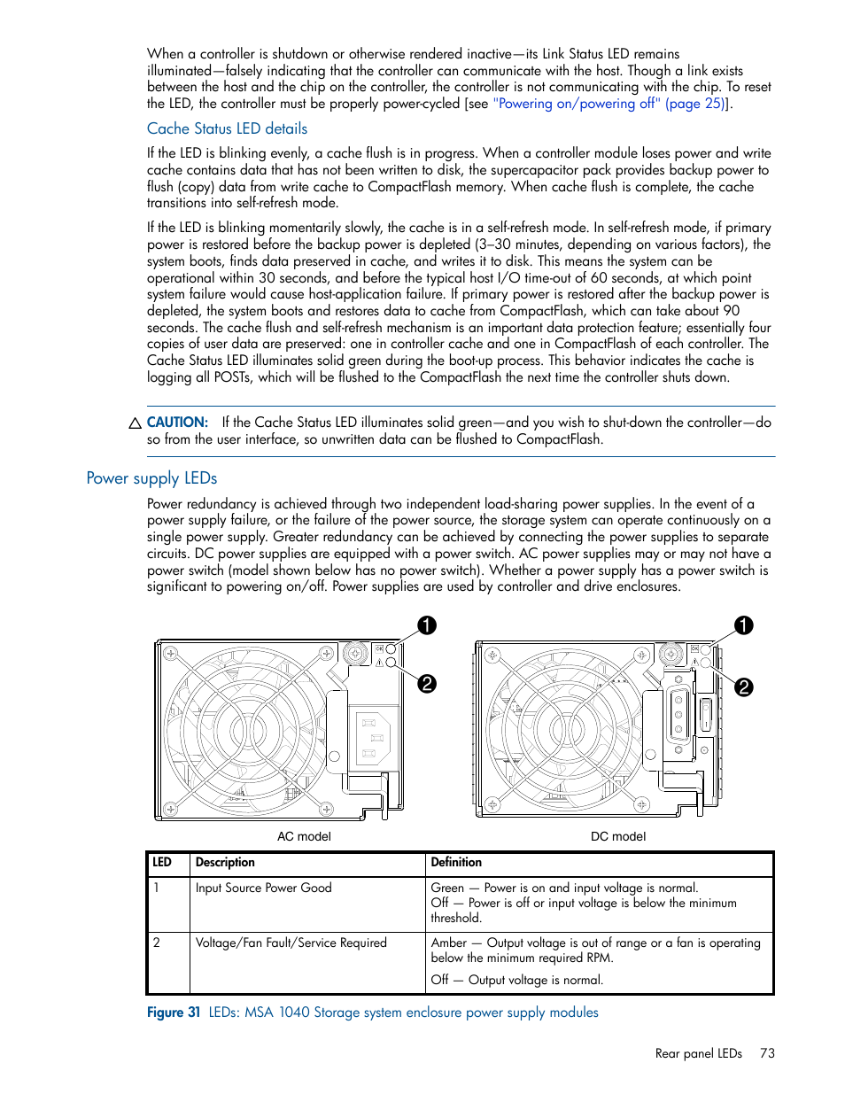 Power supply leds, Figure 31, Cache status led details | HP MSA 1040 SAN Storage User Manual | Page 73 / 84