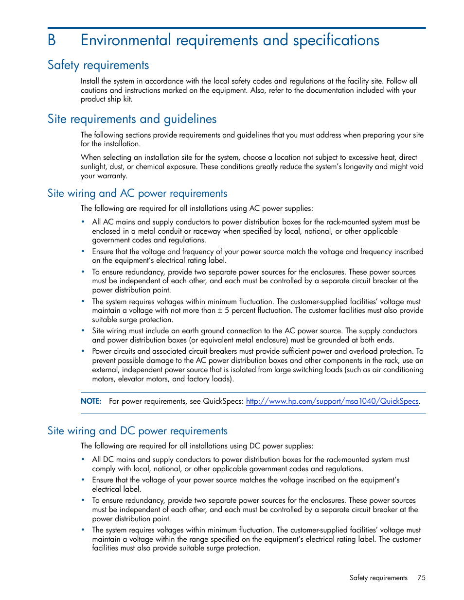 Environmental requirements and specifications, Safety requirements, Site requirements and guidelines | Site wiring and ac power requirements, Site wiring and dc power requirements, B environmental requirements and specifications, Benvironmental requirements and specifications | HP MSA 1040 SAN Storage User Manual | Page 75 / 84