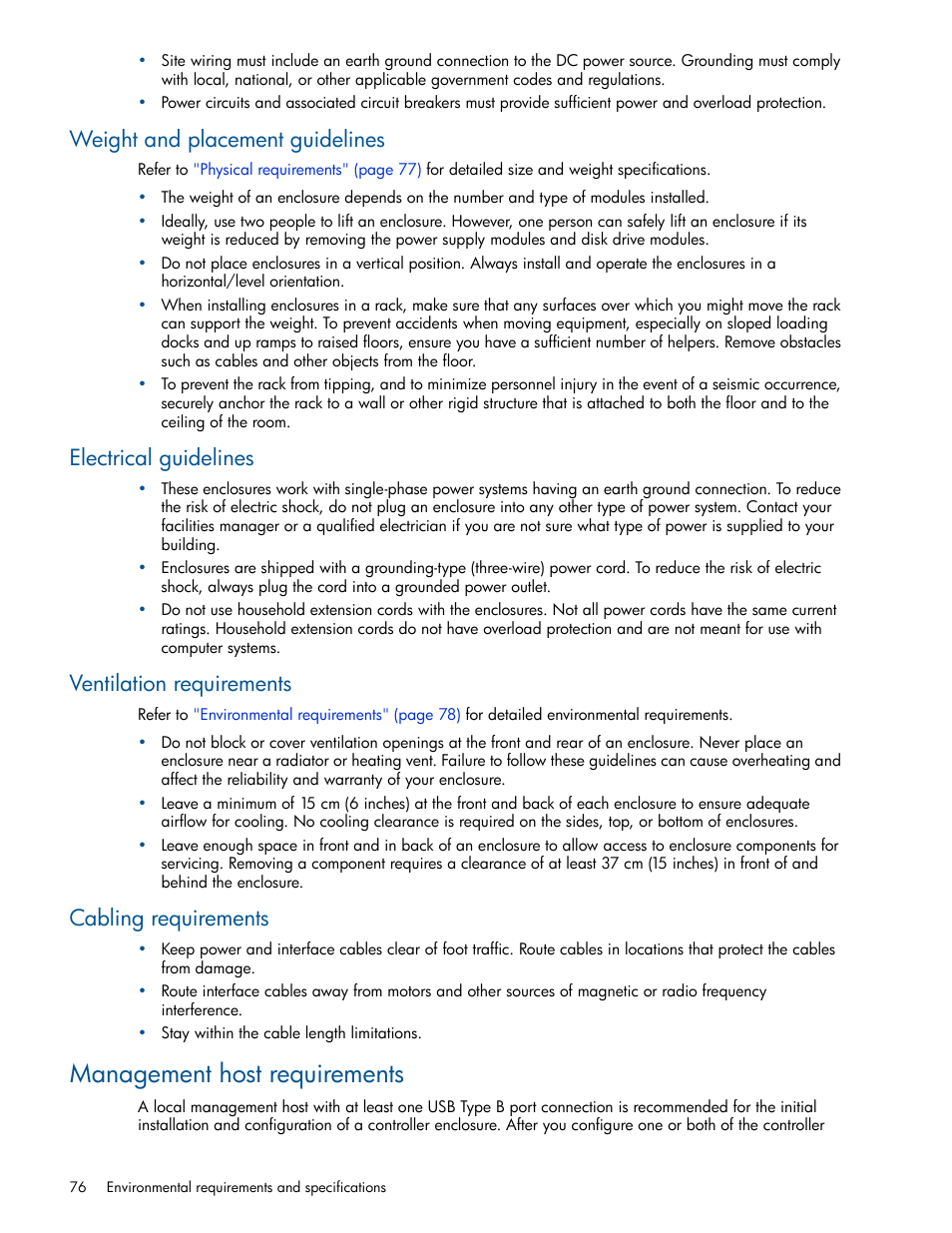 Weight and placement guidelines, Electrical guidelines, Ventilation requirements | Cabling requirements, Management host requirements | HP MSA 1040 SAN Storage User Manual | Page 76 / 84