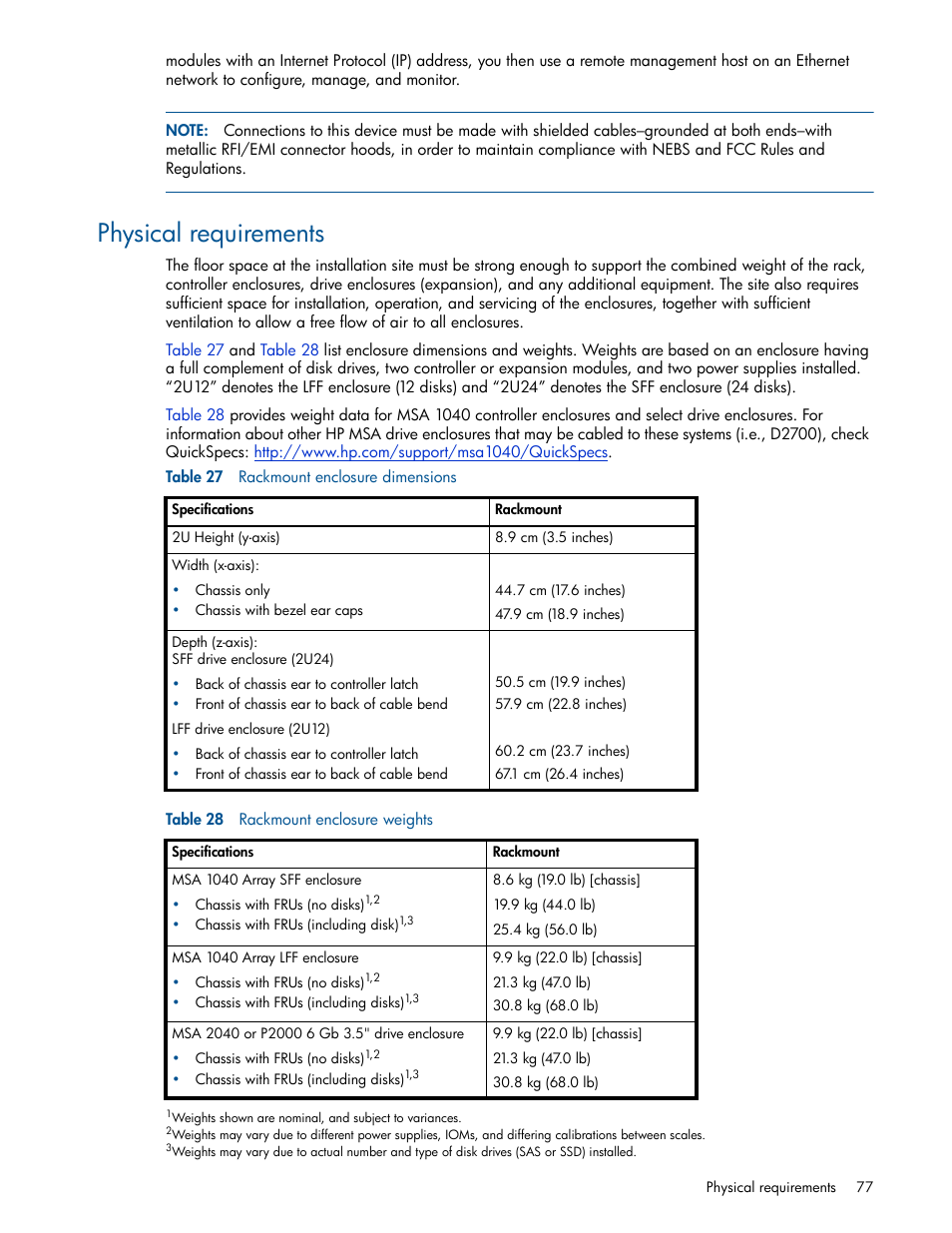 Physical requirements, 27 rackmount enclosure dimensions, 28 rackmount enclosure weights | HP MSA 1040 SAN Storage User Manual | Page 77 / 84