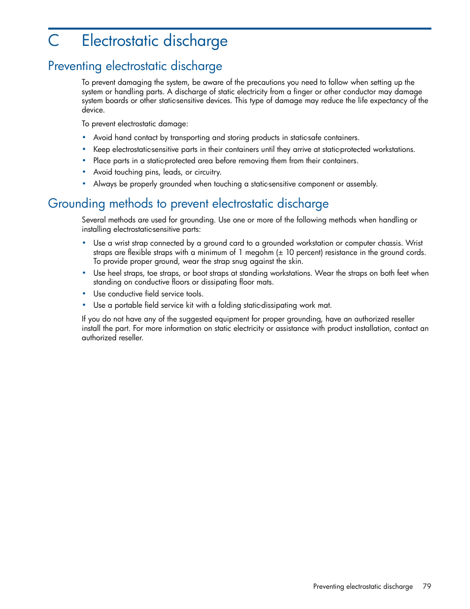 Electrostatic discharge, Preventing electrostatic discharge, C electrostatic discharge | Celectrostatic discharge | HP MSA 1040 SAN Storage User Manual | Page 79 / 84