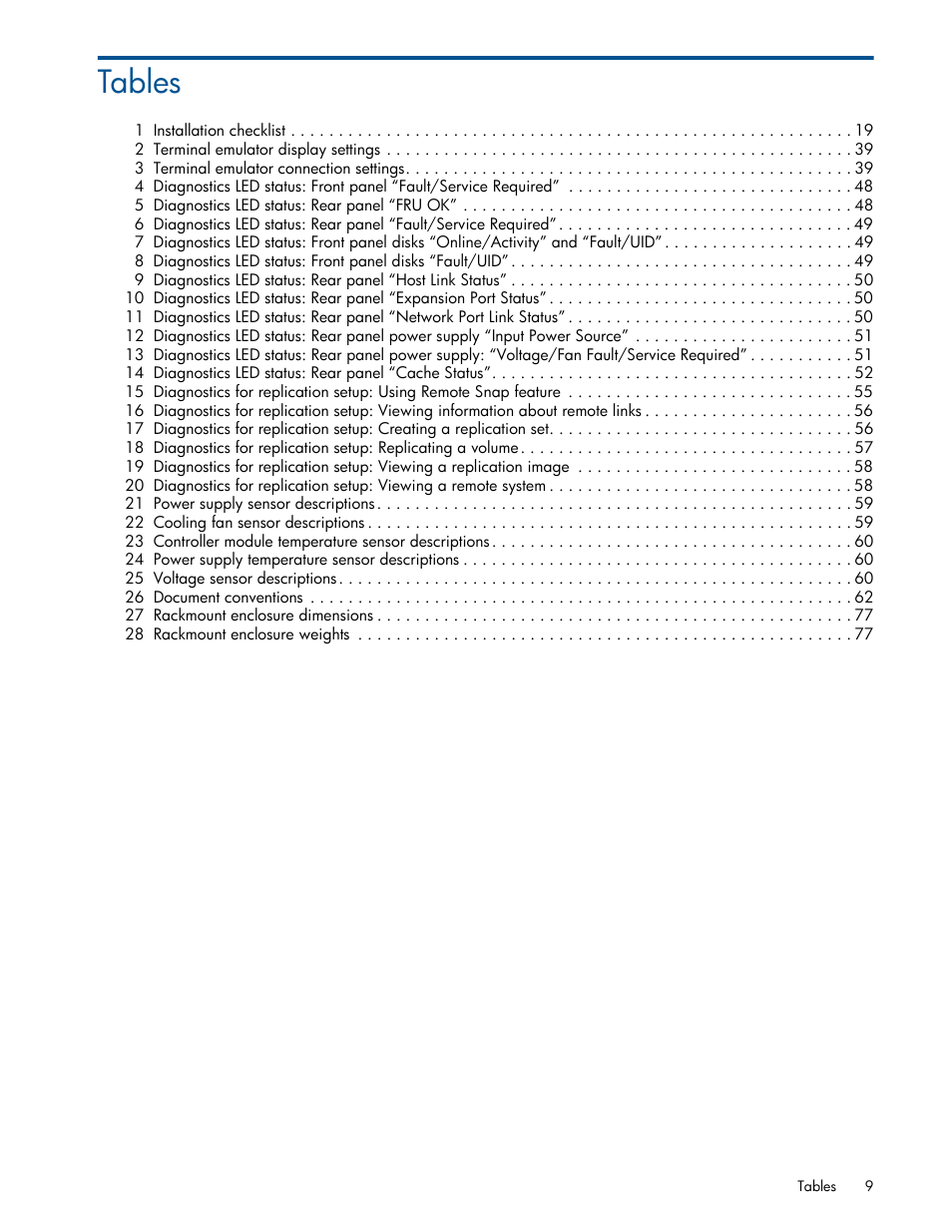 Tables | HP MSA 1040 SAN Storage User Manual | Page 9 / 84