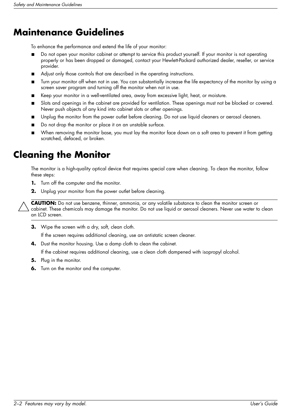 Maintenance guidelines, Cleaning the monitor, Maintenance guidelines –2 cleaning the monitor –2 | HP 2509b 25 inch Diagonal LCD Monitor User Manual | Page 10 / 48