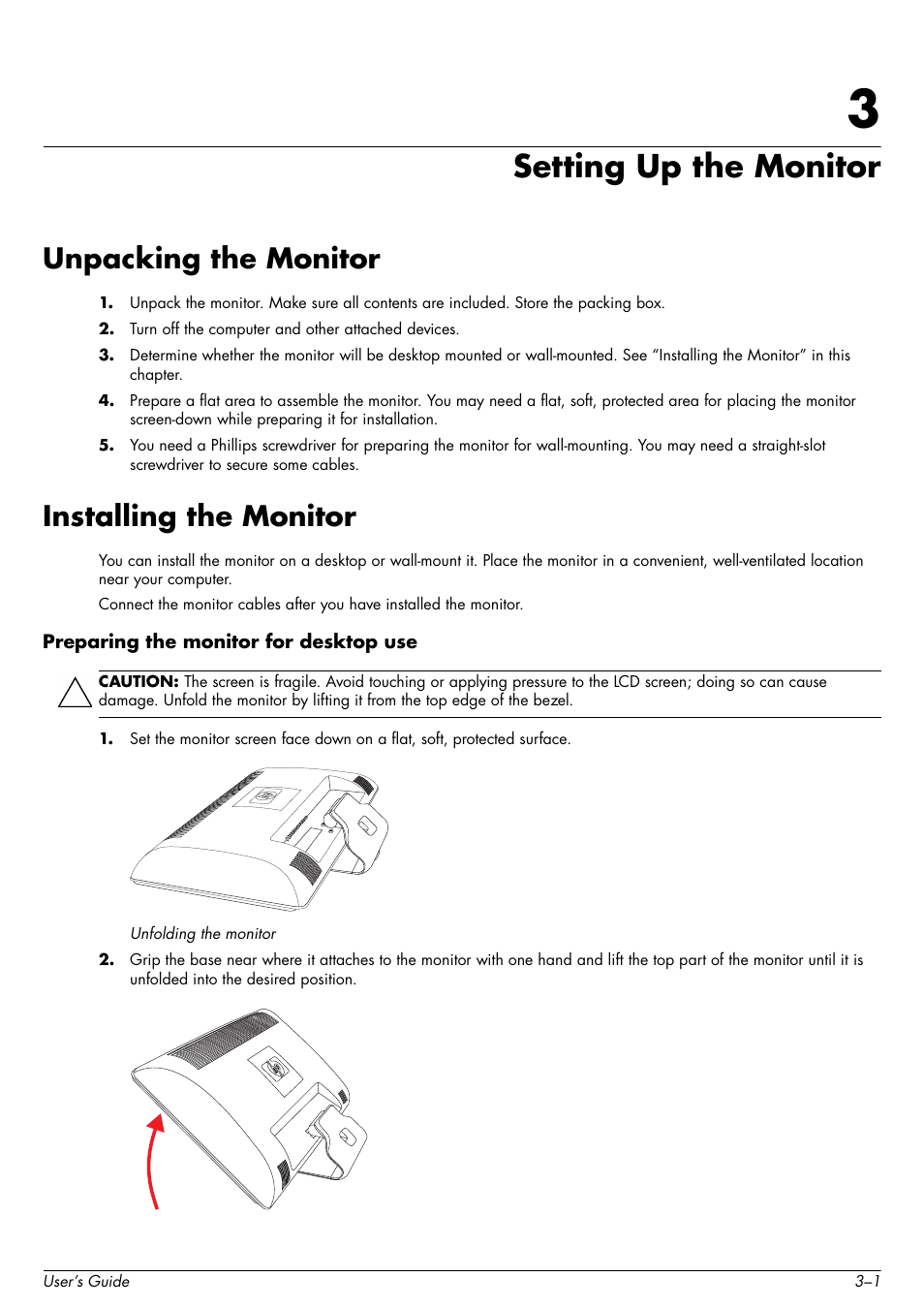 Setting up the monitor, Unpacking the monitor, Installing the monitor | Preparing the monitor for desktop use, 3 setting up the monitor, Unpacking the monitor –1 installing the monitor –1, Preparing the monitor for desktop use –1 | HP 2509b 25 inch Diagonal LCD Monitor User Manual | Page 11 / 48