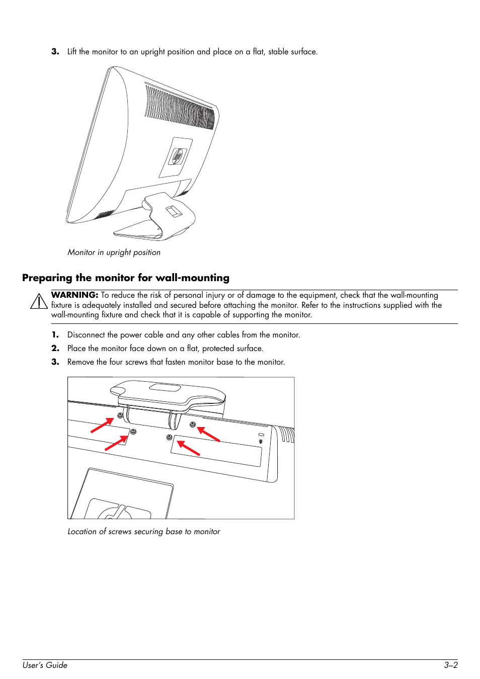Preparing the monitor for wall-mounting, Preparing the monitor for wall-mounting –2 | HP 2509b 25 inch Diagonal LCD Monitor User Manual | Page 12 / 48