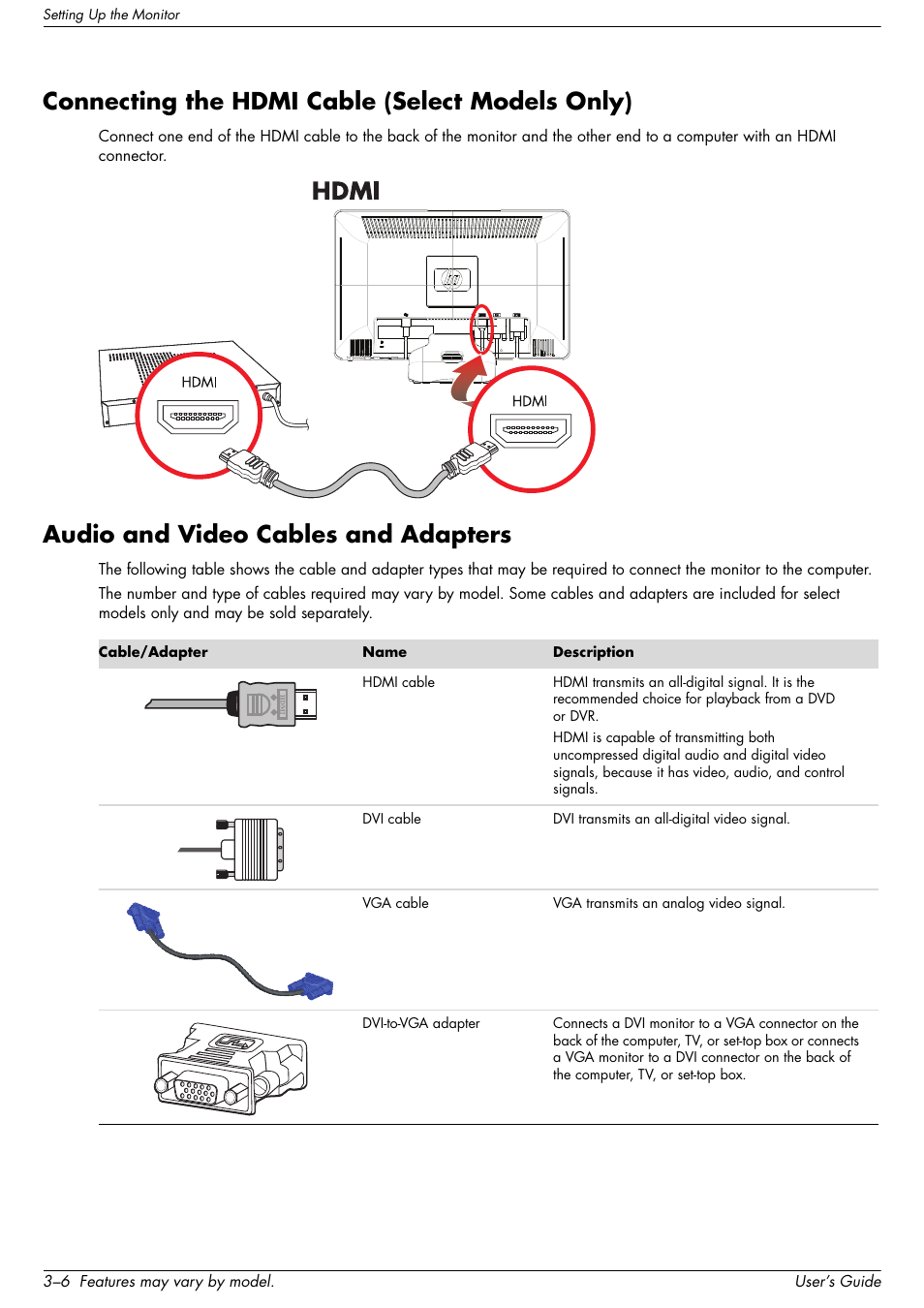 Connecting the hdmi cable (select models only), Audio and video cables and adapters | HP 2509b 25 inch Diagonal LCD Monitor User Manual | Page 16 / 48
