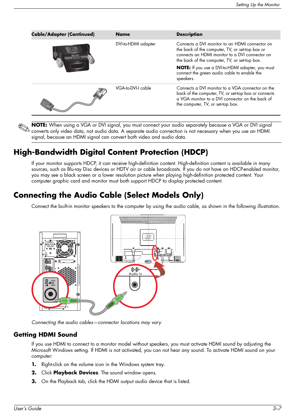 Highbandwidth digital content protection (hdcp), Connecting the audio cable (select models only), Getting hdmi sound | Getting hdmi sound –7, High-bandwidth digital content protection (hdcp) | HP 2509b 25 inch Diagonal LCD Monitor User Manual | Page 17 / 48