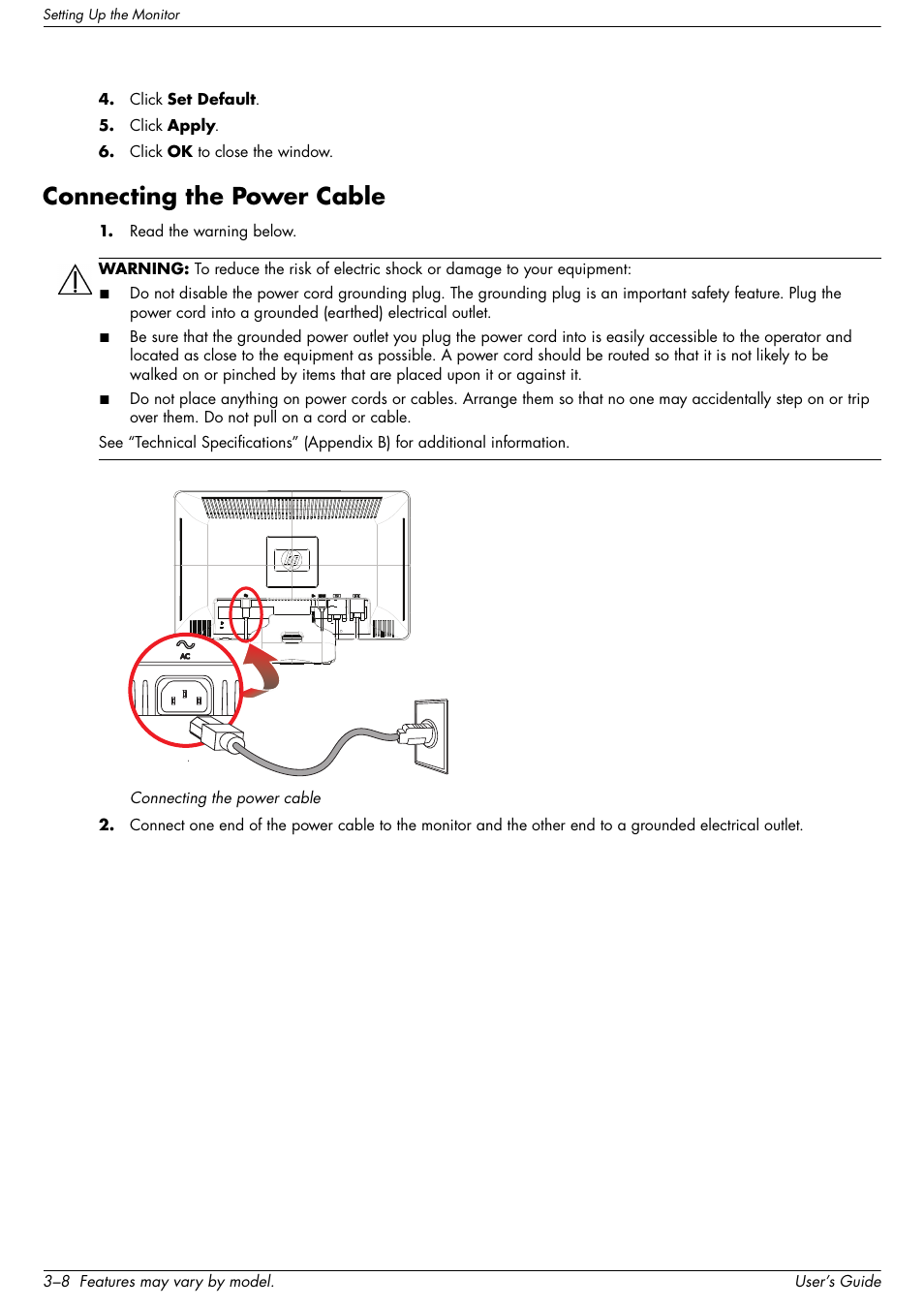 Connecting the power cable, Connecting the power cable –8 | HP 2509b 25 inch Diagonal LCD Monitor User Manual | Page 18 / 48