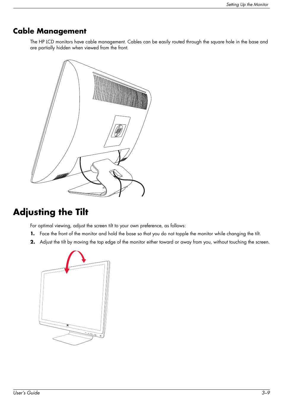 Cable management, Adjusting the tilt, Cable management –9 | Adjusting the tilt –9 | HP 2509b 25 inch Diagonal LCD Monitor User Manual | Page 19 / 48