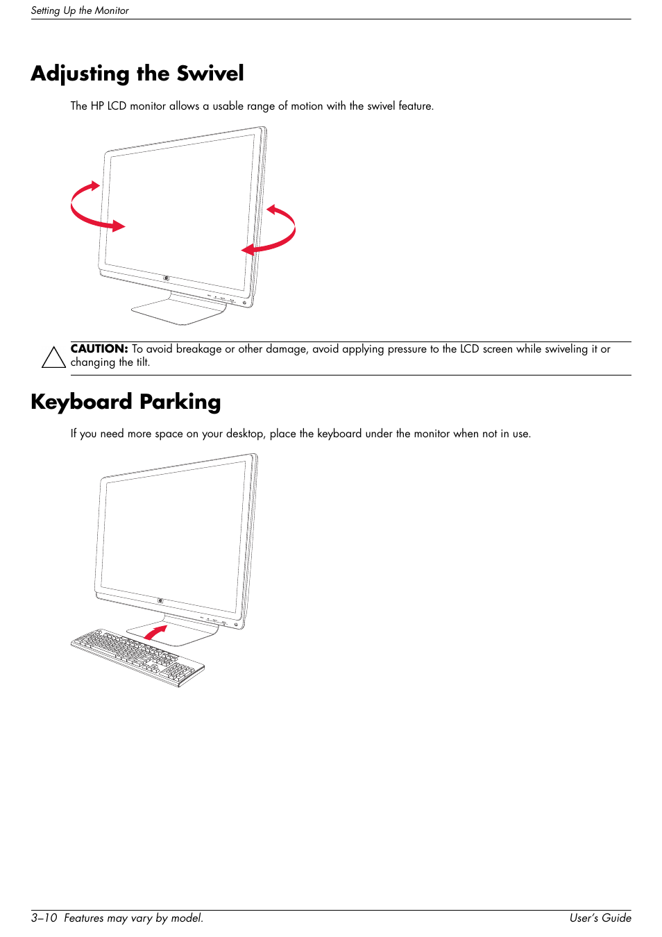 Adjusting the swivel, Keyboard parking, Adjusting the swivel –10 keyboard parking –10 | HP 2509b 25 inch Diagonal LCD Monitor User Manual | Page 20 / 48