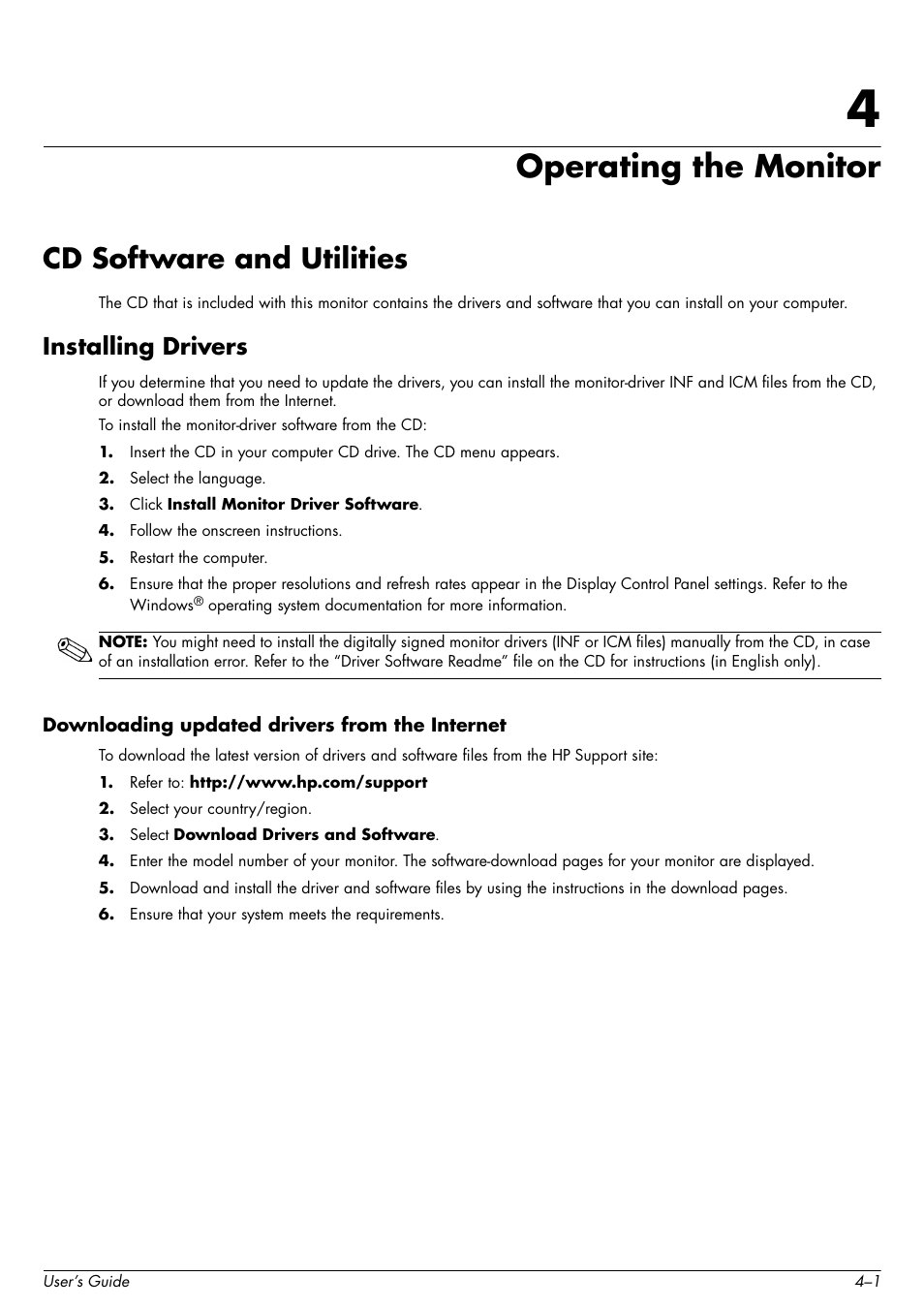 Operating the monitor, Cd software and utilities, Installing drivers | Downloading updated drivers from the internet, 4 operating the monitor, Cd software and utilities –1, Installing drivers –1, Downloading updated drivers from the internet –1 | HP 2509b 25 inch Diagonal LCD Monitor User Manual | Page 21 / 48