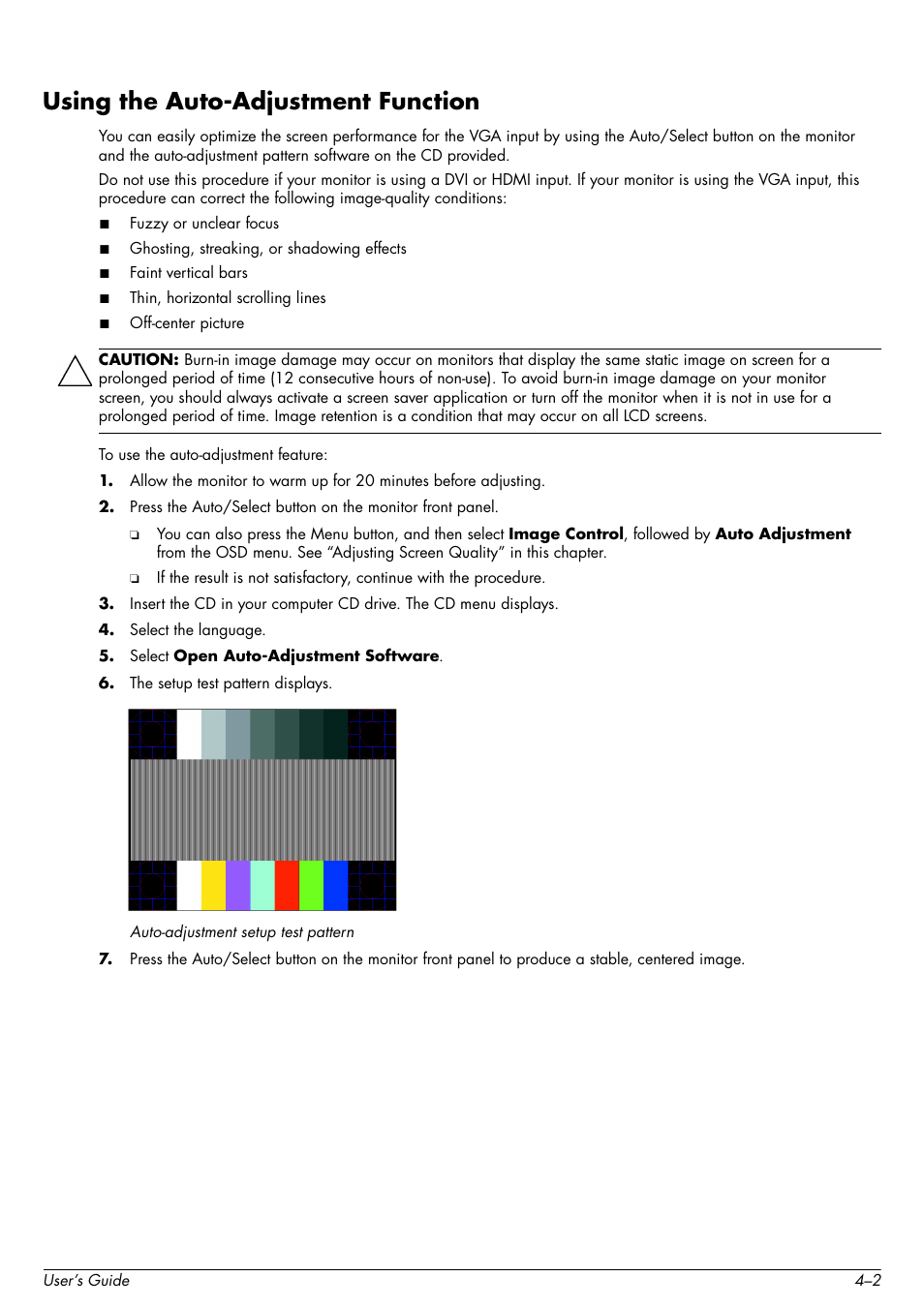 Using the autoadjustment function, Using the auto-adjustment function –2, Using the auto-adjustment function | HP 2509b 25 inch Diagonal LCD Monitor User Manual | Page 22 / 48
