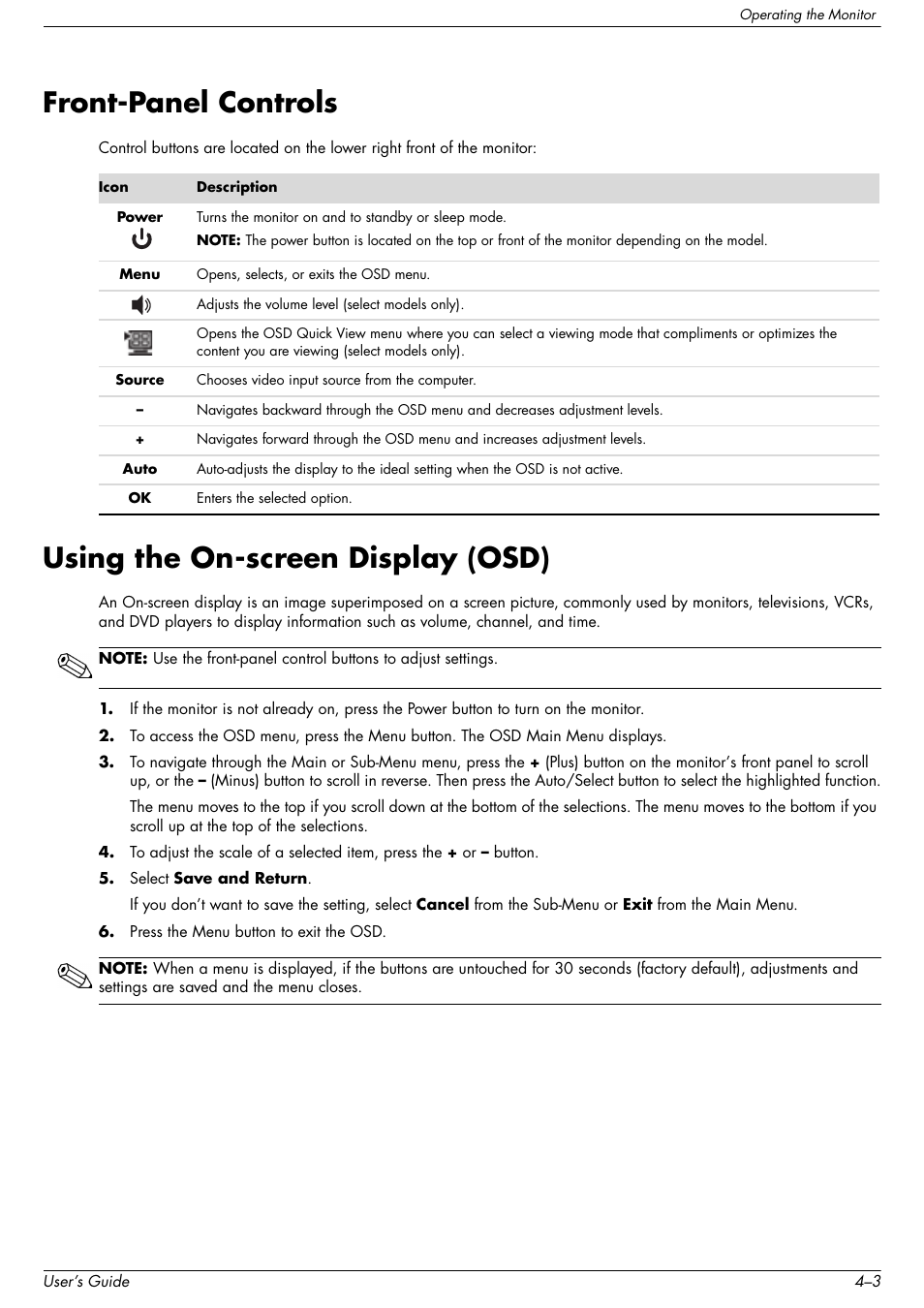 Frontpanel controls, Using the on-screen display (osd), Front-panel controls | HP 2509b 25 inch Diagonal LCD Monitor User Manual | Page 23 / 48