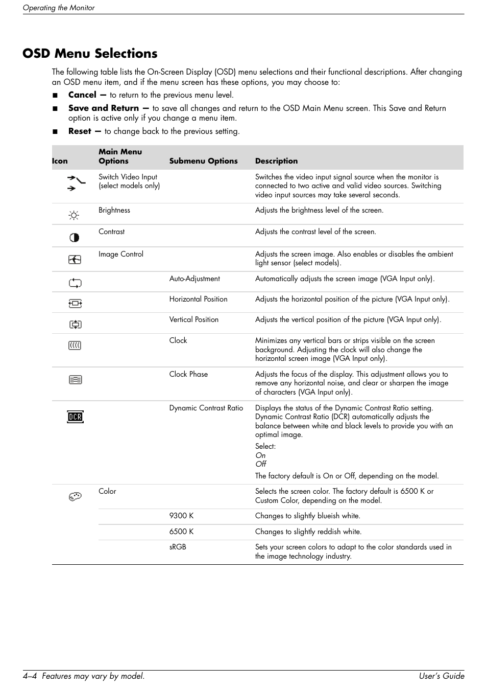 Osd menu selections, Osd menu selections –4 | HP 2509b 25 inch Diagonal LCD Monitor User Manual | Page 24 / 48