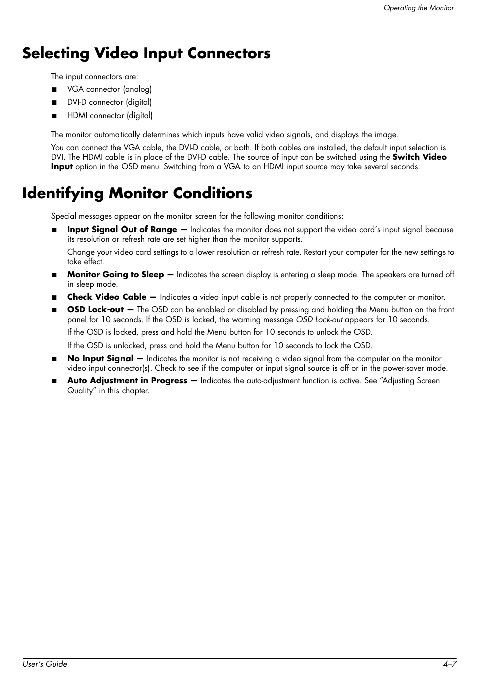 Selecting video input connectors, Identifying monitor conditions | HP 2509b 25 inch Diagonal LCD Monitor User Manual | Page 27 / 48