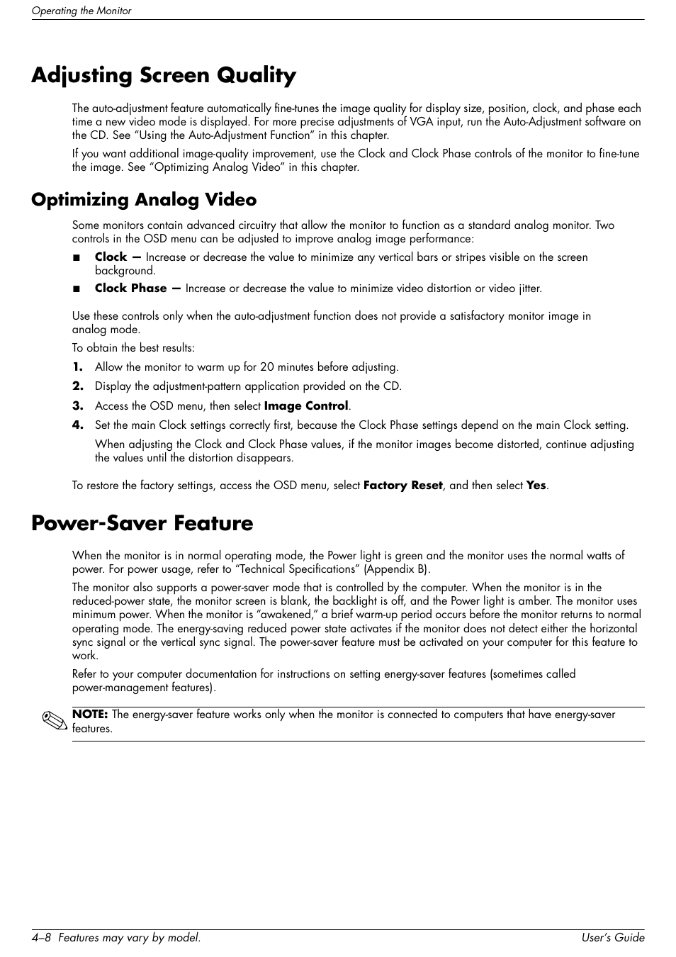 Adjusting screen quality, Optimizing analog video, Powersaver feature | Adjusting screen quality –8, Optimizing analog video –8, Power-saver feature –8, Power-saver feature | HP 2509b 25 inch Diagonal LCD Monitor User Manual | Page 28 / 48