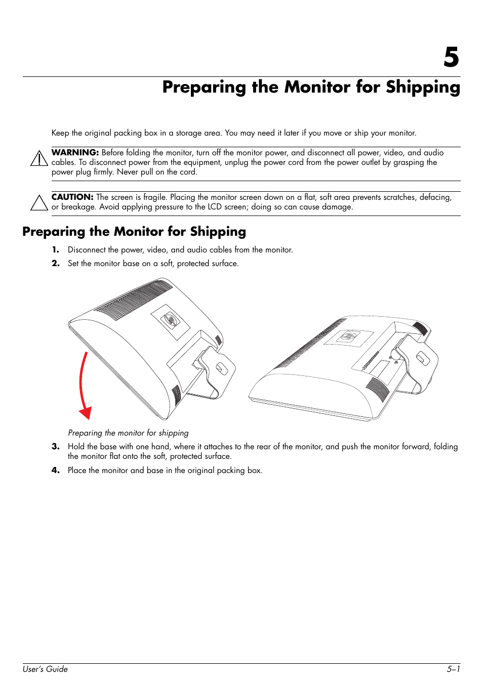 Preparing the monitor for shipping, 5 preparing the monitor for shipping, Preparing the monitor for shipping –1 | HP 2509b 25 inch Diagonal LCD Monitor User Manual | Page 29 / 48
