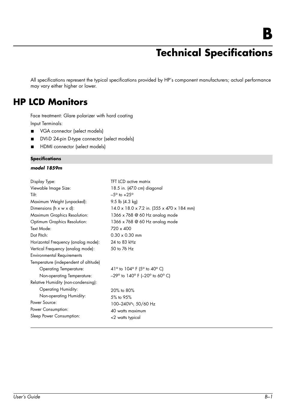 Technical specifications, Hp lcd monitors, B technical specifications | HP 2509b 25 inch Diagonal LCD Monitor User Manual | Page 35 / 48
