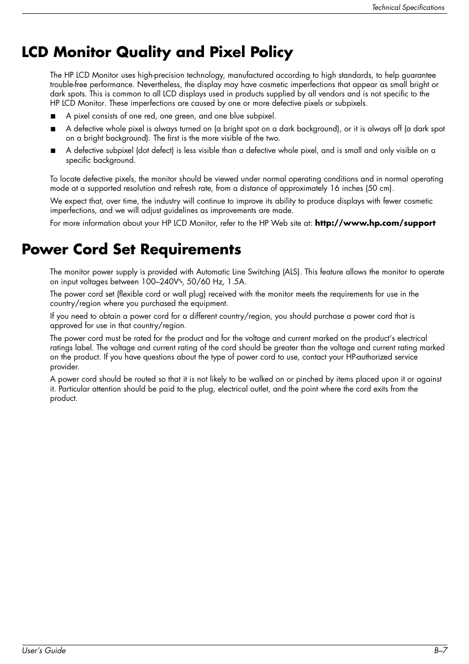 Lcd monitor quality and pixel policy, Power cord set requirements | HP 2509b 25 inch Diagonal LCD Monitor User Manual | Page 41 / 48
