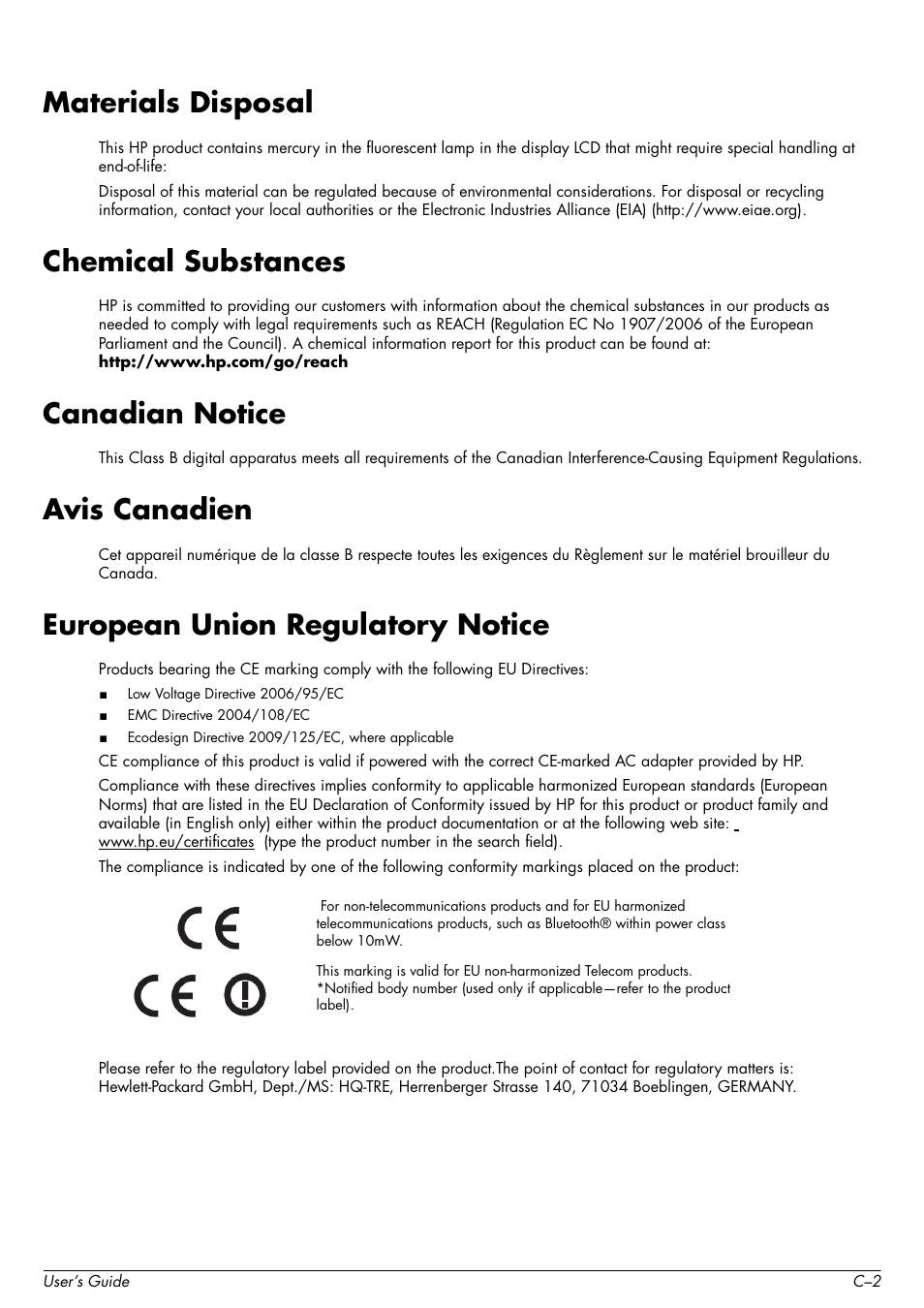 Materials disposal, Chemical substances, Canadian notice | Avis canadien, European union regulatory notice | HP 2509b 25 inch Diagonal LCD Monitor User Manual | Page 44 / 48