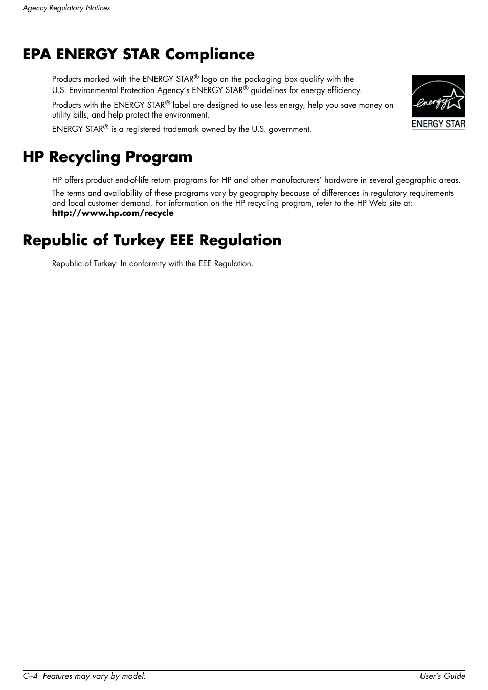 Epa energy star compliance, Hp recycling program, Republic of turkey eee regulation | HP 2509b 25 inch Diagonal LCD Monitor User Manual | Page 46 / 48