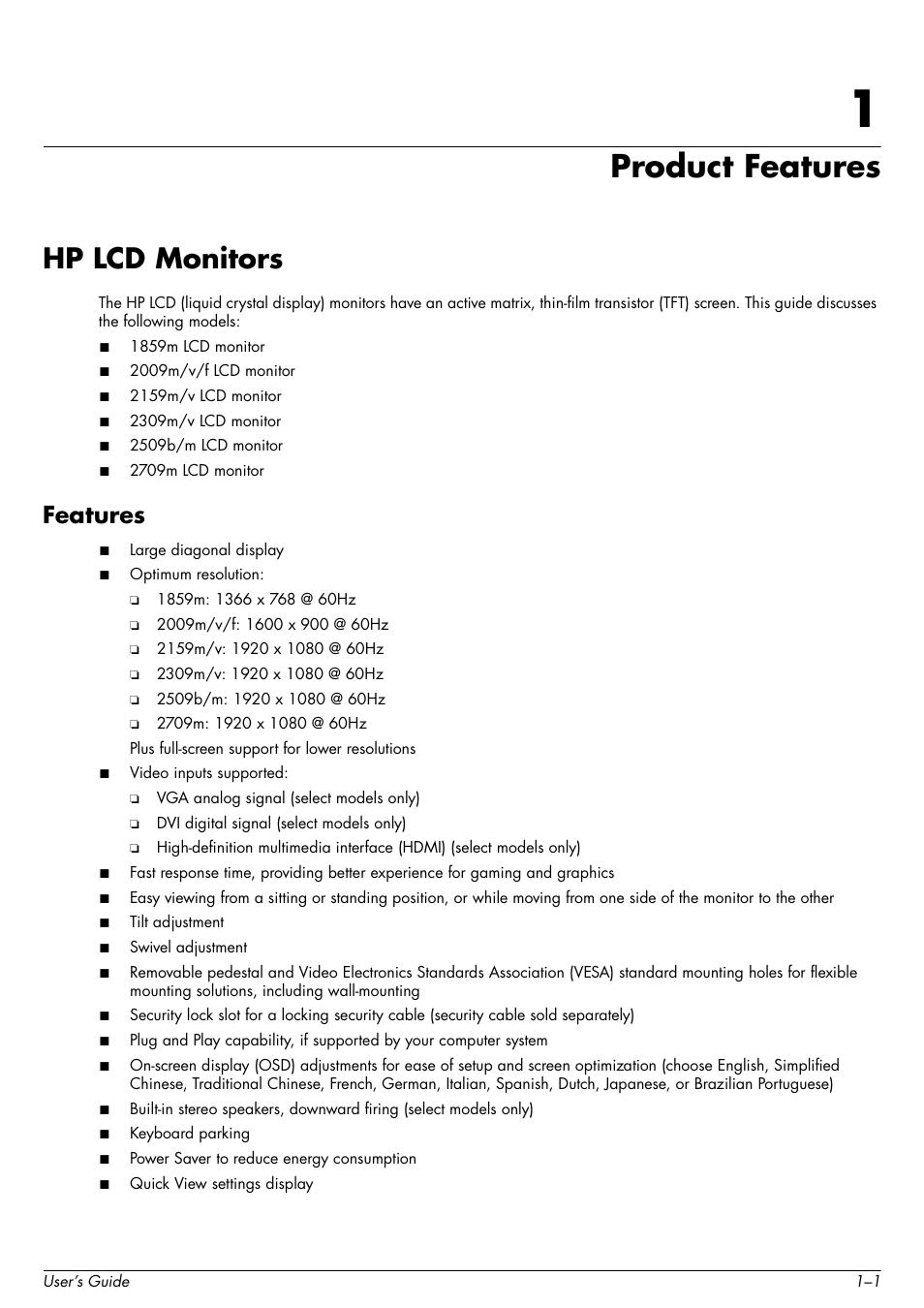 Product features, Hp lcd monitors, Features | 1 product features, Hp lcd monitors –1, Features –1 | HP 2509b 25 inch Diagonal LCD Monitor User Manual | Page 7 / 48