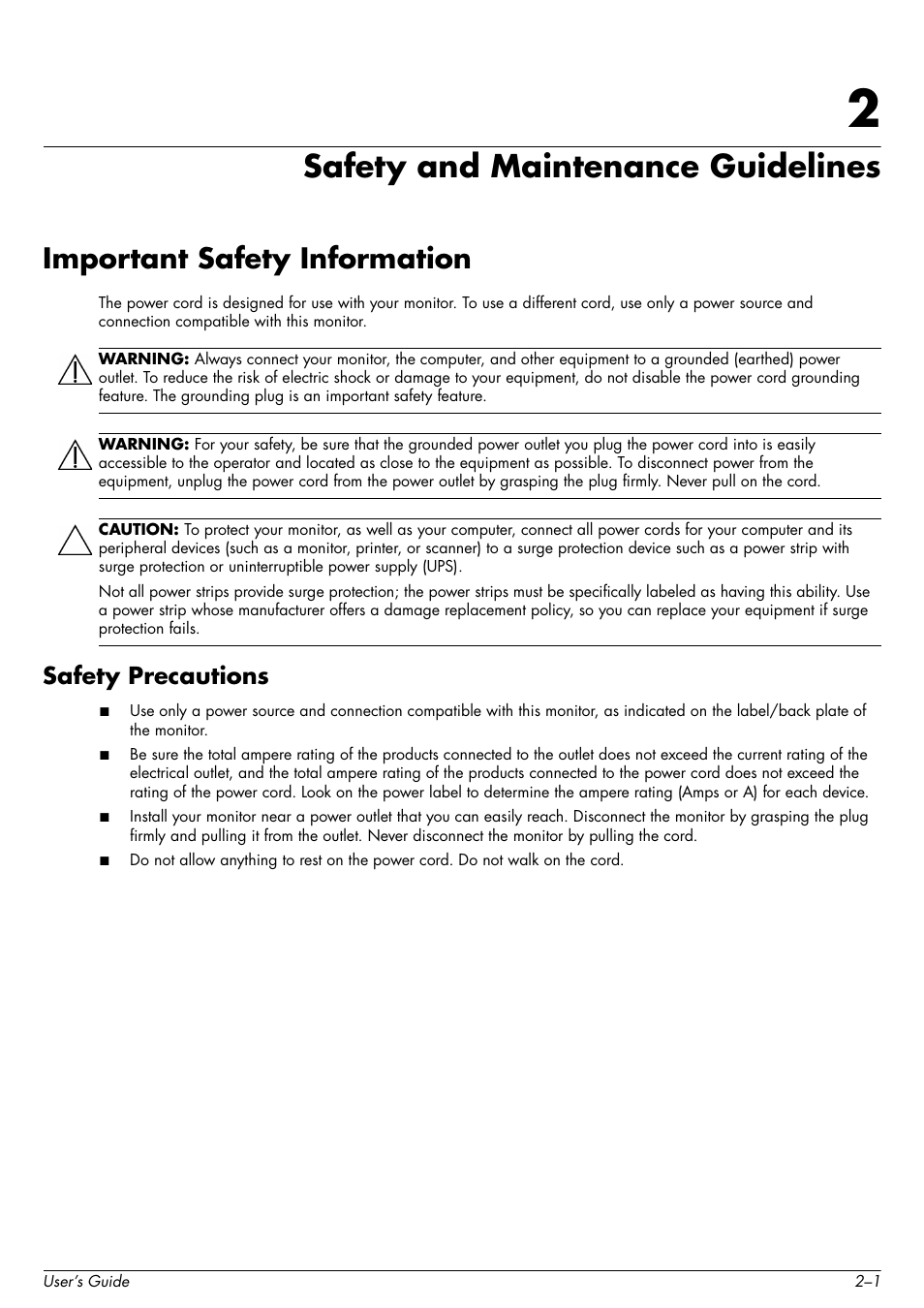 Safety and maintenance guidelines, Important safety information, Safety precautions | 2 safety and maintenance guidelines, Important safety information –1, Safety precautions –1 | HP 2509b 25 inch Diagonal LCD Monitor User Manual | Page 9 / 48