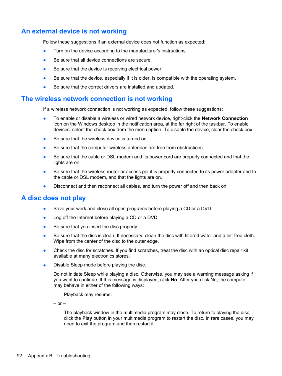 An external device is not working, The wireless network connection is not working, A disc does not play | HP ZBook 15 Mobile Workstation User Manual | Page 102 / 108