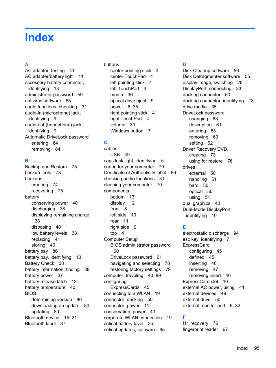 Index | HP ZBook 15 Mobile Workstation User Manual | Page 105 / 108