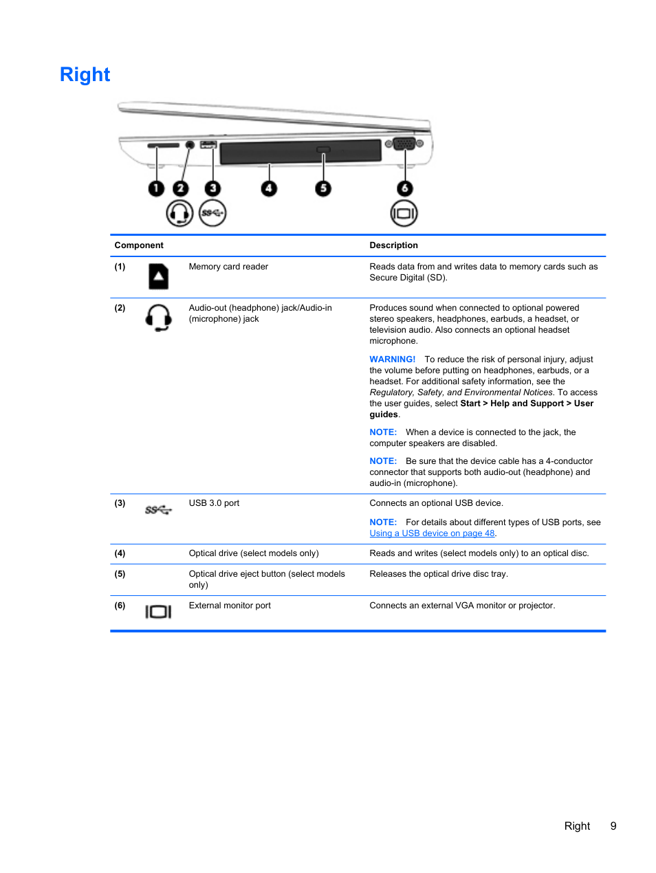 Right | HP ZBook 15 Mobile Workstation User Manual | Page 19 / 108