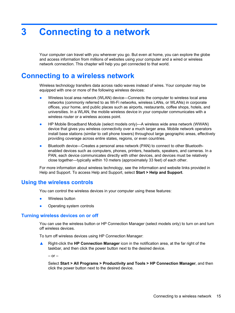 Connecting to a network, Connecting to a wireless network, Using the wireless controls | Turning wireless devices on or off, 3 connecting to a network, 3connecting to a network | HP ZBook 15 Mobile Workstation User Manual | Page 25 / 108