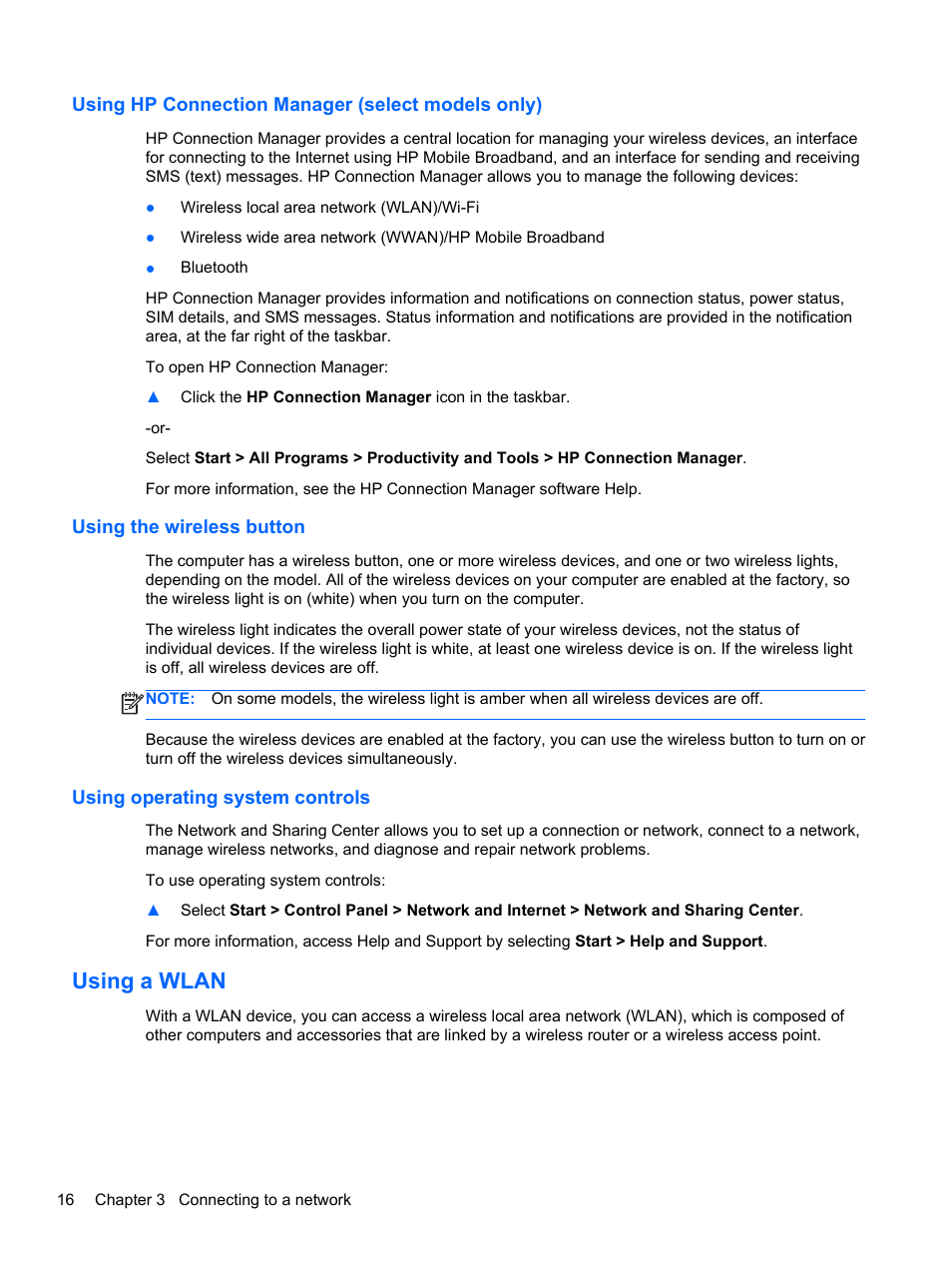 Using hp connection manager (select models only), Using the wireless button, Using operating system controls | Using a wlan | HP ZBook 15 Mobile Workstation User Manual | Page 26 / 108