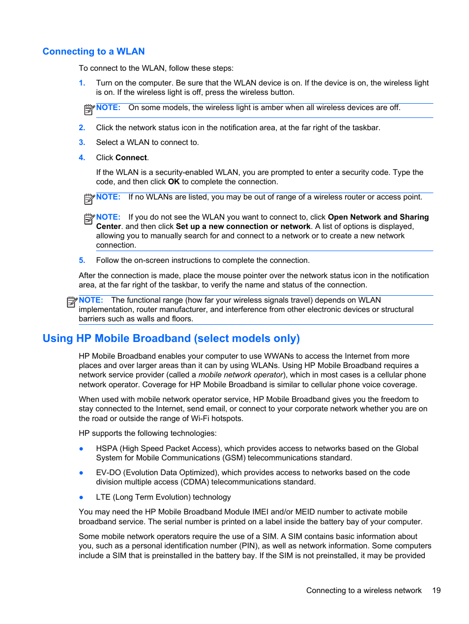 Connecting to a wlan, Using hp mobile broadband (select models only) | HP ZBook 15 Mobile Workstation User Manual | Page 29 / 108