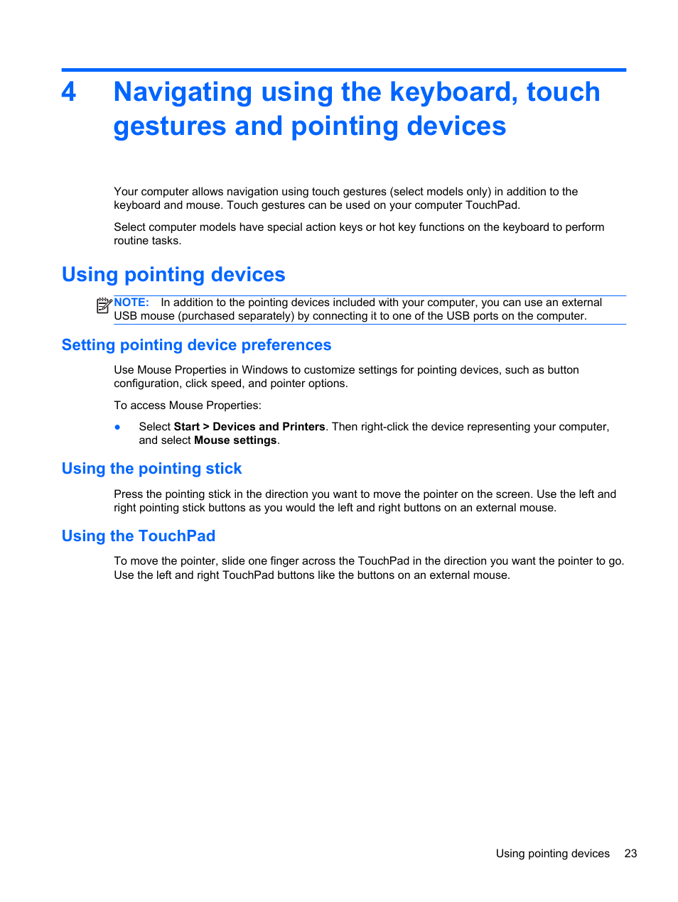 Using pointing devices, Setting pointing device preferences, Using the pointing stick | Using the touchpad | HP ZBook 15 Mobile Workstation User Manual | Page 33 / 108