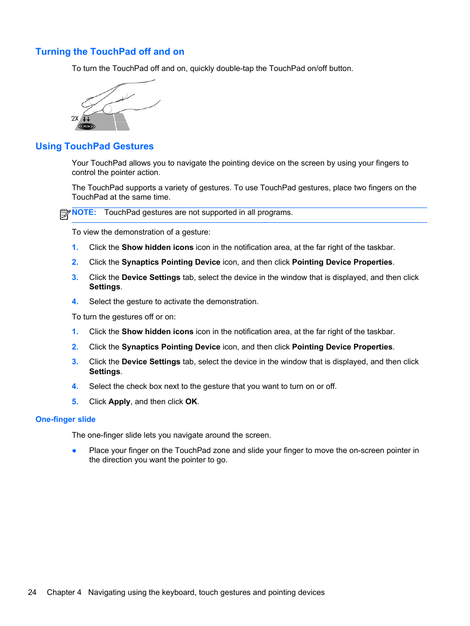 Turning the touchpad off and on, Using touchpad gestures, One-finger slide | HP ZBook 15 Mobile Workstation User Manual | Page 34 / 108