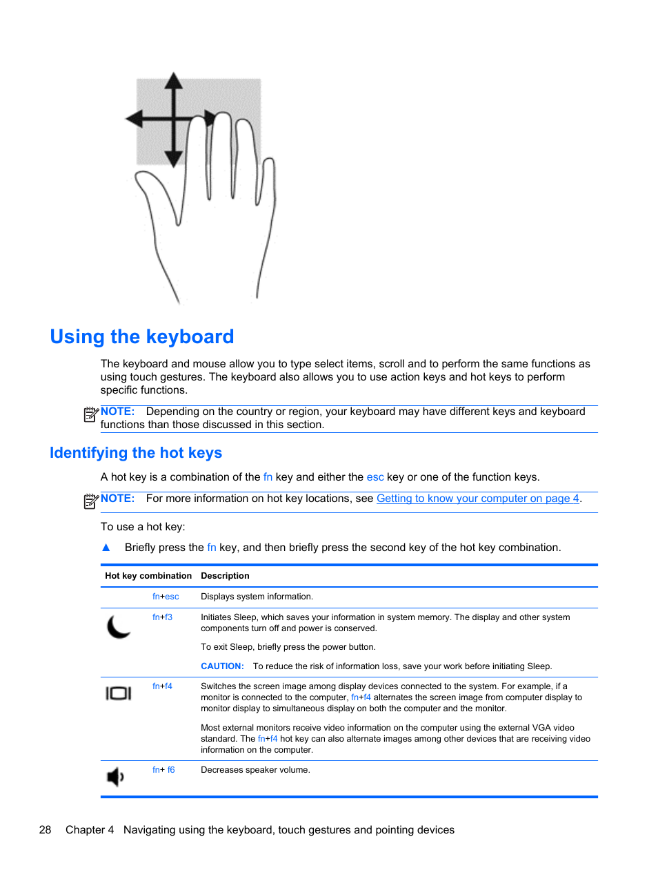 Using the keyboard, Identifying the hot keys | HP ZBook 15 Mobile Workstation User Manual | Page 38 / 108